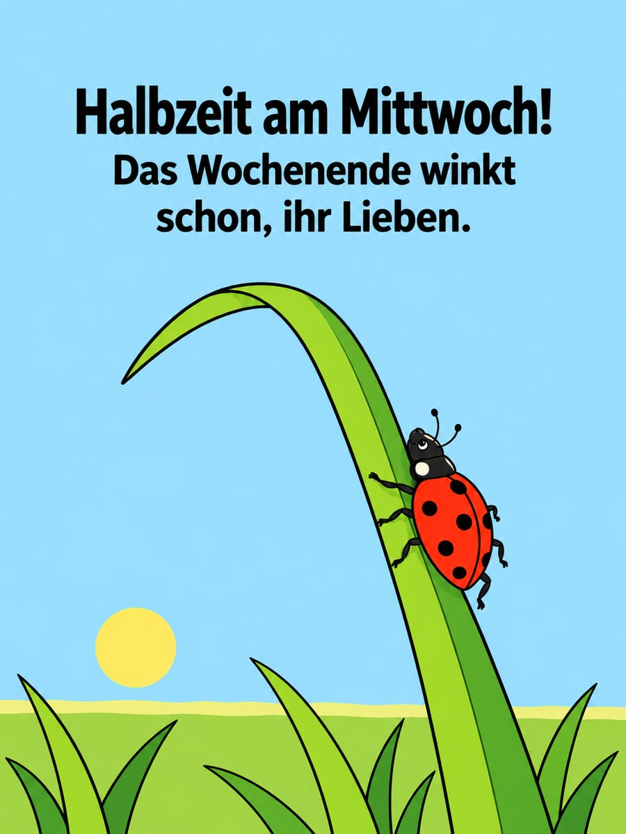 Guten-Morgen-Bild zum Mittwoch mit dem Text „Halbzeit am Mittwoch!“ und „Das Wochenende winkt schon, ihr Lieben.“ – Motiv: Marienkäfer, Grashalm, Halbzeit