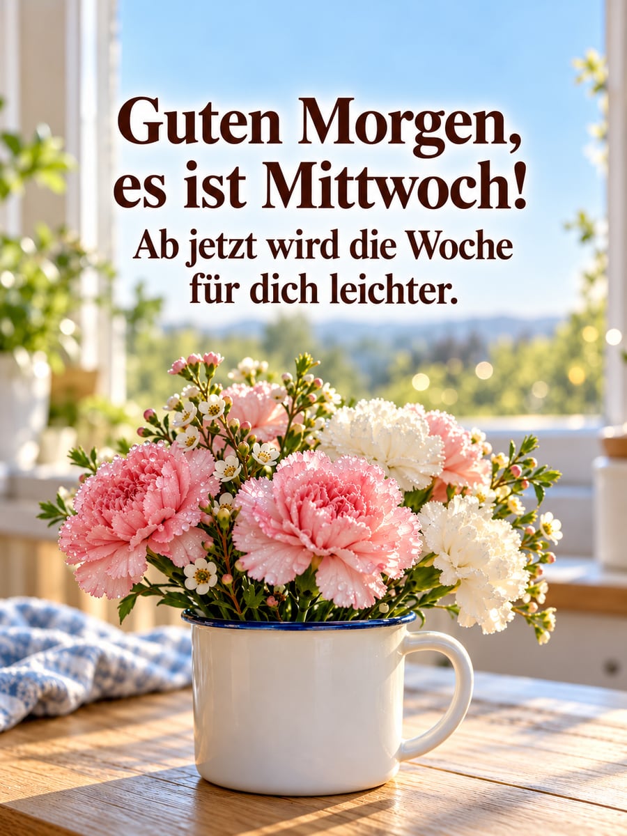 Guten-Morgen-Bild zum Mittwoch mit dem Text „Guten Morgen, es ist Mittwoch!“ und „Ab jetzt wird die Woche für dich leichter.“ – Motiv: Nelken, Emaillebecher, Küchentisch, Blumenstrauß