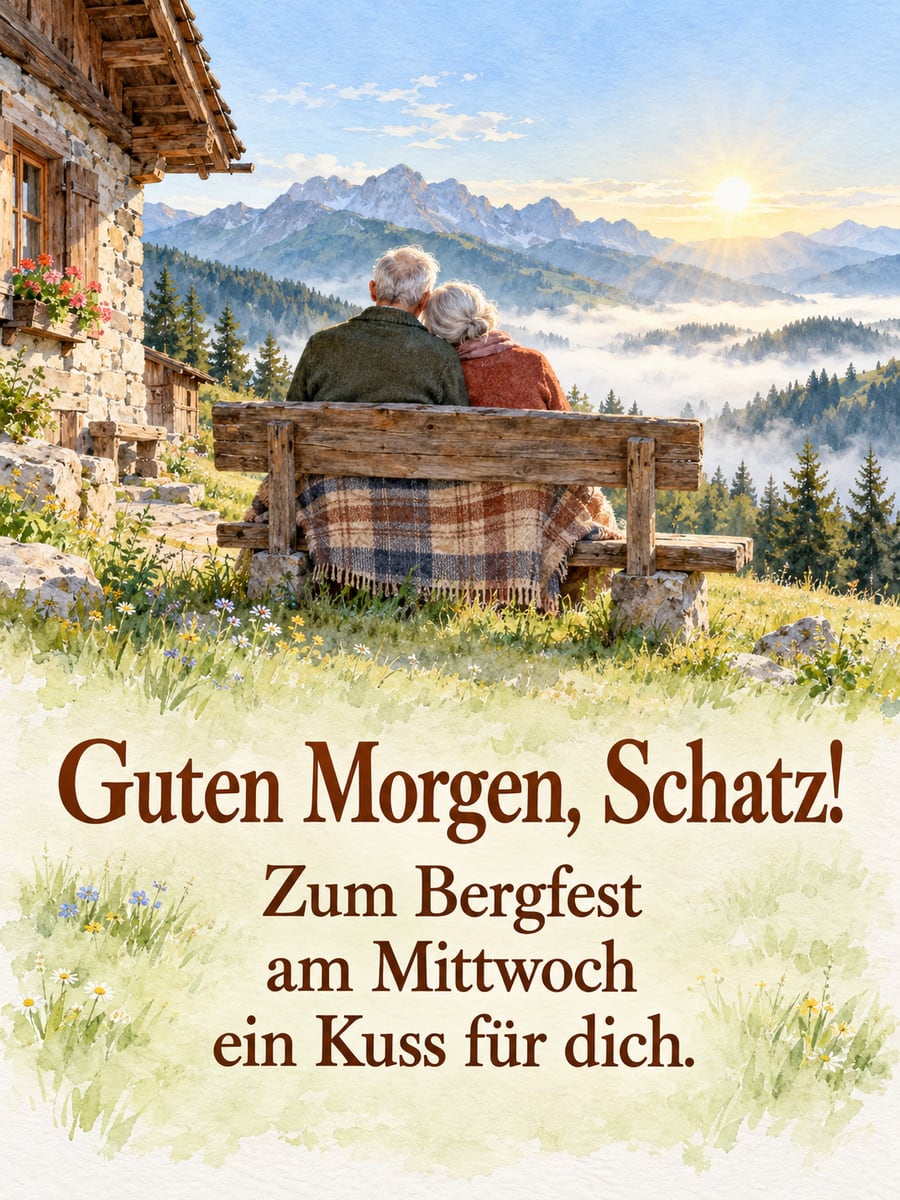 Guten-Morgen-Bild zum Mittwoch mit dem Text „Guten Morgen, Schatz!“ und „Zum Bergfest am Mittwoch ein Kuss für dich.“ – Motiv: Paar, Berghütte, Bank, Morgennebel, Bergfest