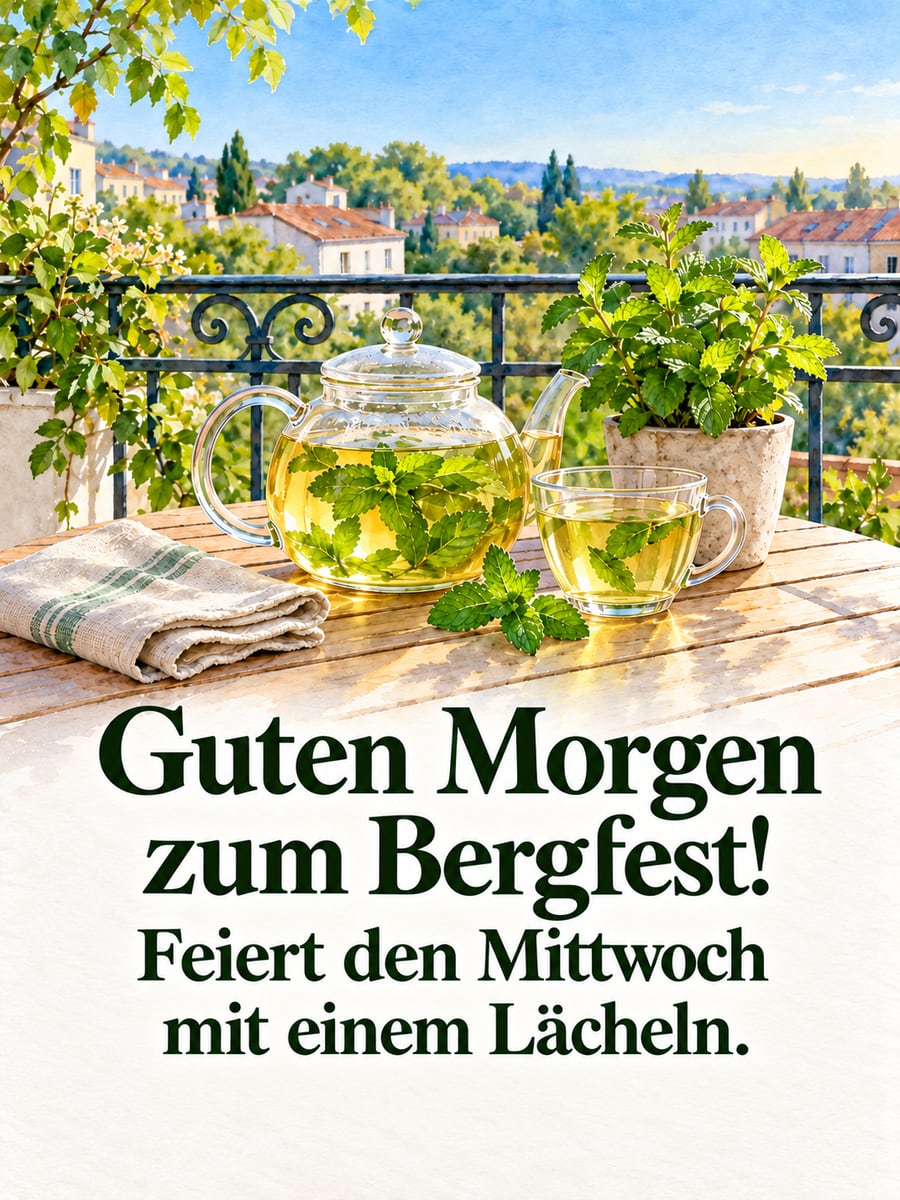 Guten-Morgen-Bild zum Mittwoch mit dem Text „Guten Morgen zum Bergfest!“ und „Feiert den Mittwoch mit einem Lächeln.“ – Motiv: Pfefferminztee, Balkon, Teekanne, Dächer