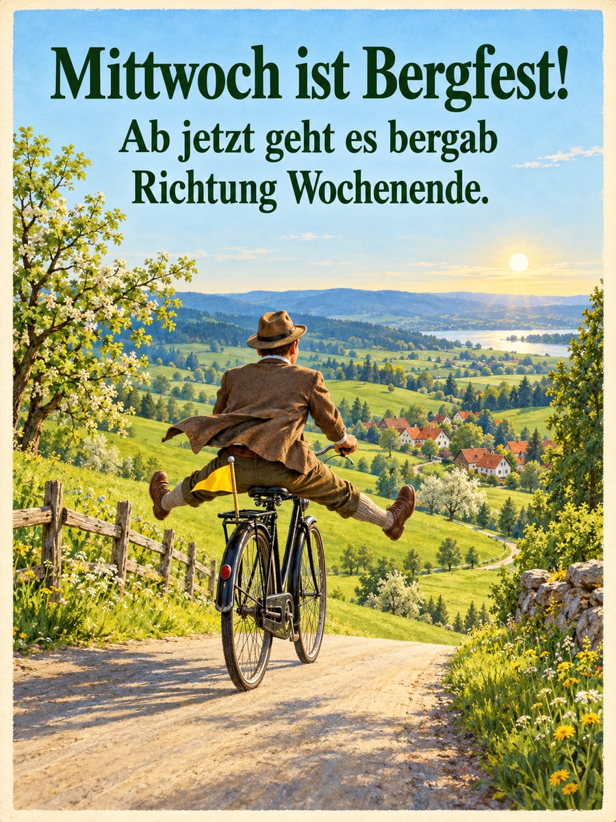Guten-Morgen-Bild zum Mittwoch mit dem Text „Mittwoch ist Bergfest!“ und „Ab jetzt geht es bergab Richtung Wochenende.“ – Motiv: Fahrrad, Bergab, Feldweg, Bergfest