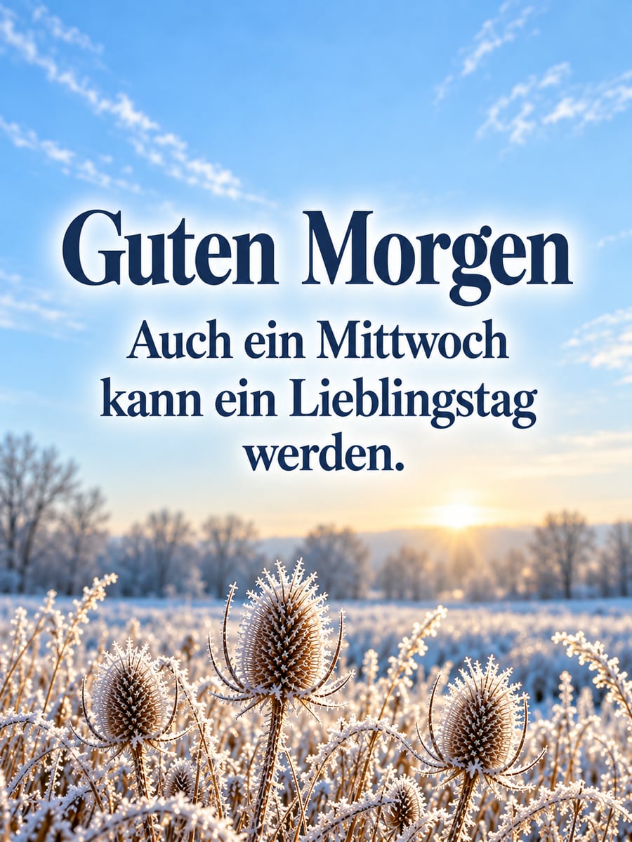 Guten-Morgen-Bild zum Mittwoch mit dem Text „Guten Morgen“ und „Auch ein Mittwoch kann ein Lieblingstag werden.“ – Motiv: Raureif, Karden, Feldrand, Winter