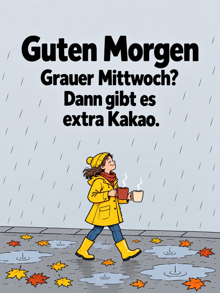 Guten-Morgen-Bild zum Mittwoch mit dem Text „Guten Morgen“ und „Grauer Mittwoch? Dann gibt es extra Kakao.“ – Motiv: Regen, Kakao, Regenjacke, Herbst