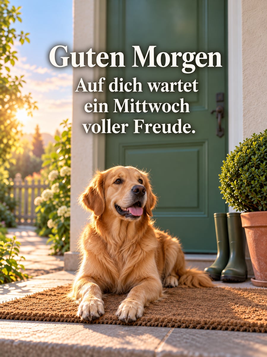 Guten-Morgen-Bild zum Mittwoch mit dem Text „Guten Morgen“ und „Auf dich wartet ein Mittwoch voller Freude.“ – Motiv: Golden Retriever, Haustür, Gummistiefel, Buchsbaum