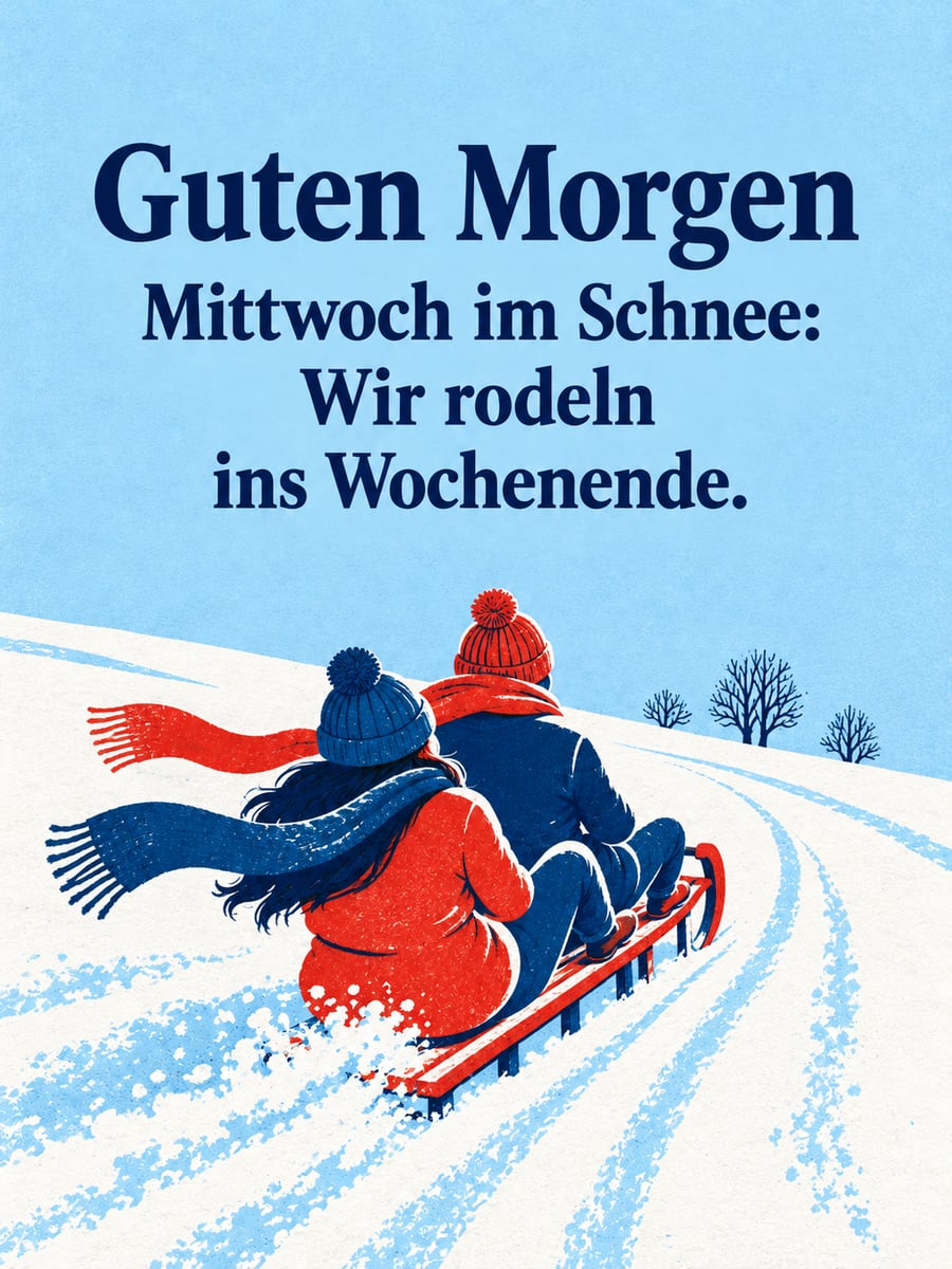 Guten-Morgen-Bild zum Mittwoch mit dem Text „Guten Morgen“ und „Mittwoch im Schnee: Wir rodeln ins Wochenende.“ – Motiv: Rodeln, Schlitten, Schnee, Wochenende