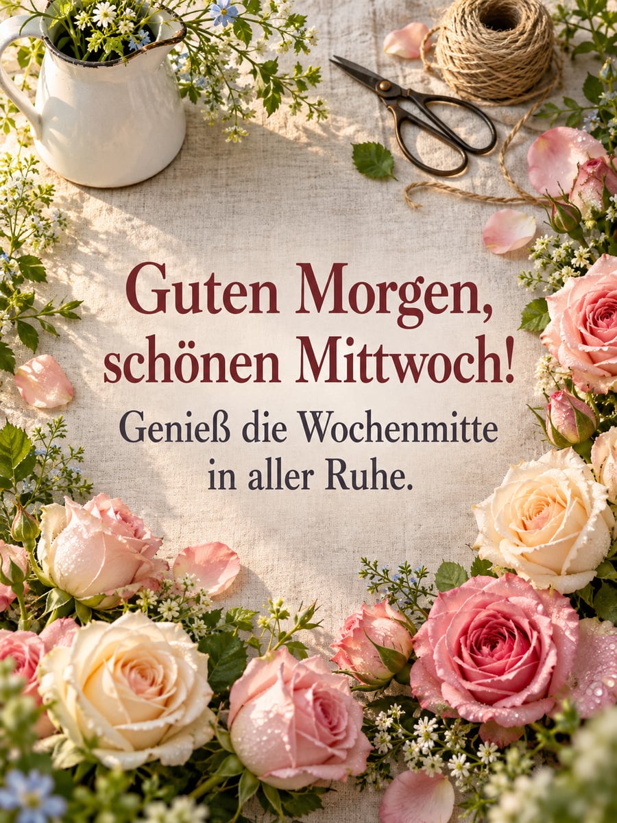 Guten-Morgen-Bild zum Mittwoch mit dem Text „Guten Morgen, schönen Mittwoch!“ und „Genieß die Wochenmitte in aller Ruhe.“ – Motiv: Rosen, Tautropfen, Leinen, Emaillekrug
