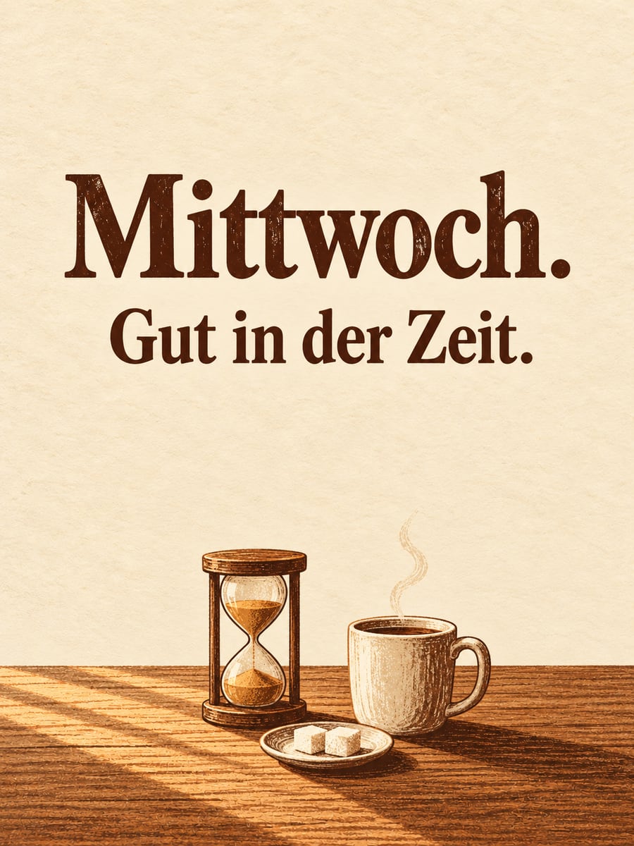 Guten-Morgen-Bild zum Mittwoch mit dem Text „Mittwoch.“ und „Gut in der Zeit.“ – Motiv: Sanduhr, Kaffee, Halbzeit, Linolschnitt