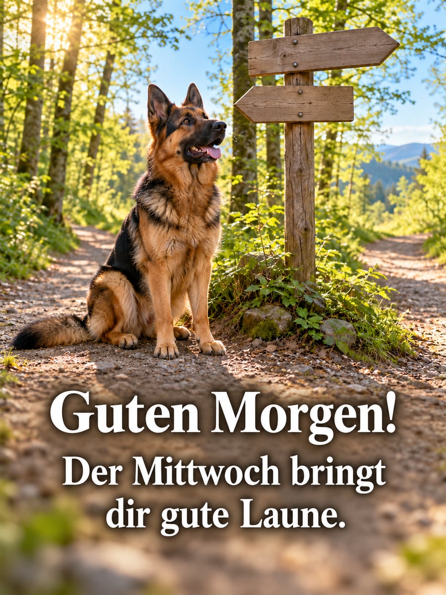 Guten-Morgen-Bild zum Mittwoch mit dem Text „Guten Morgen!“ und „Der Mittwoch bringt dir gute Laune.“ – Motiv: Schäferhund, Wegweiser, Wanderweg, Buchenwald