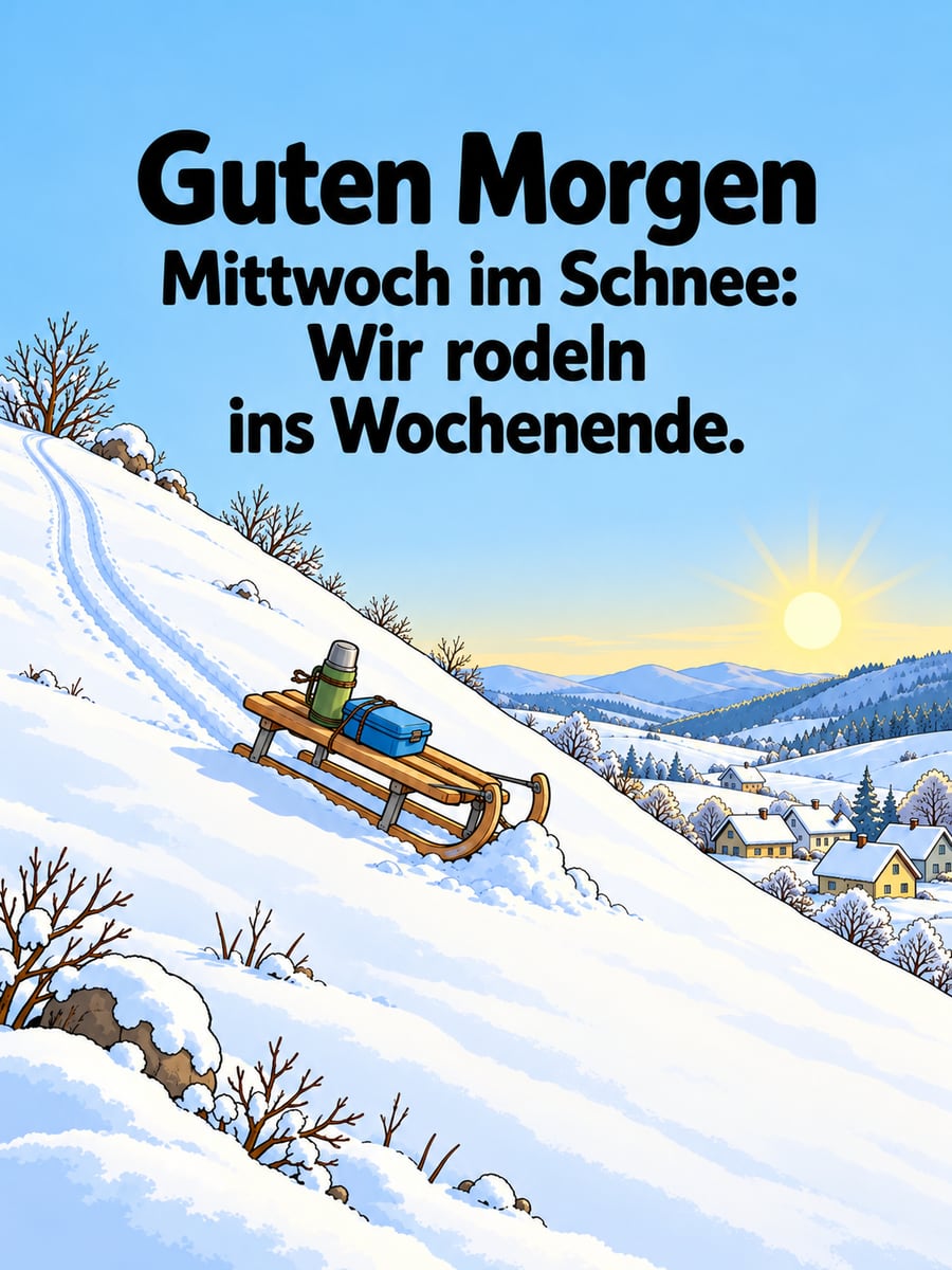 Guten-Morgen-Bild zum Mittwoch mit dem Text „Guten Morgen“ und „Mittwoch im Schnee: Wir rodeln ins Wochenende.“ – Motiv: Schlitten, Rodeln, Halbzeit, Schnee