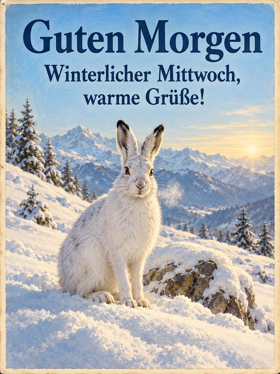 Guten-Morgen-Bild zum Mittwoch mit dem Text „Guten Morgen“ und „Winterlicher Mittwoch, warme Grüße!“ – Motiv: Schneehase, Schnee, Alpen, Winter