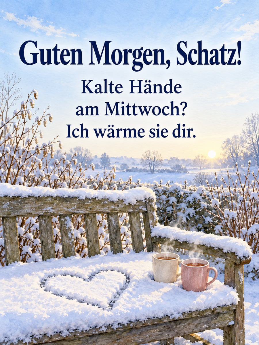 Guten-Morgen-Bild zum Mittwoch mit dem Text „Guten Morgen, Schatz!“ und „Kalte Hände am Mittwoch? Ich wärme sie dir.“ – Motiv: Schneeherz, Gartenbank, Tee, Winter