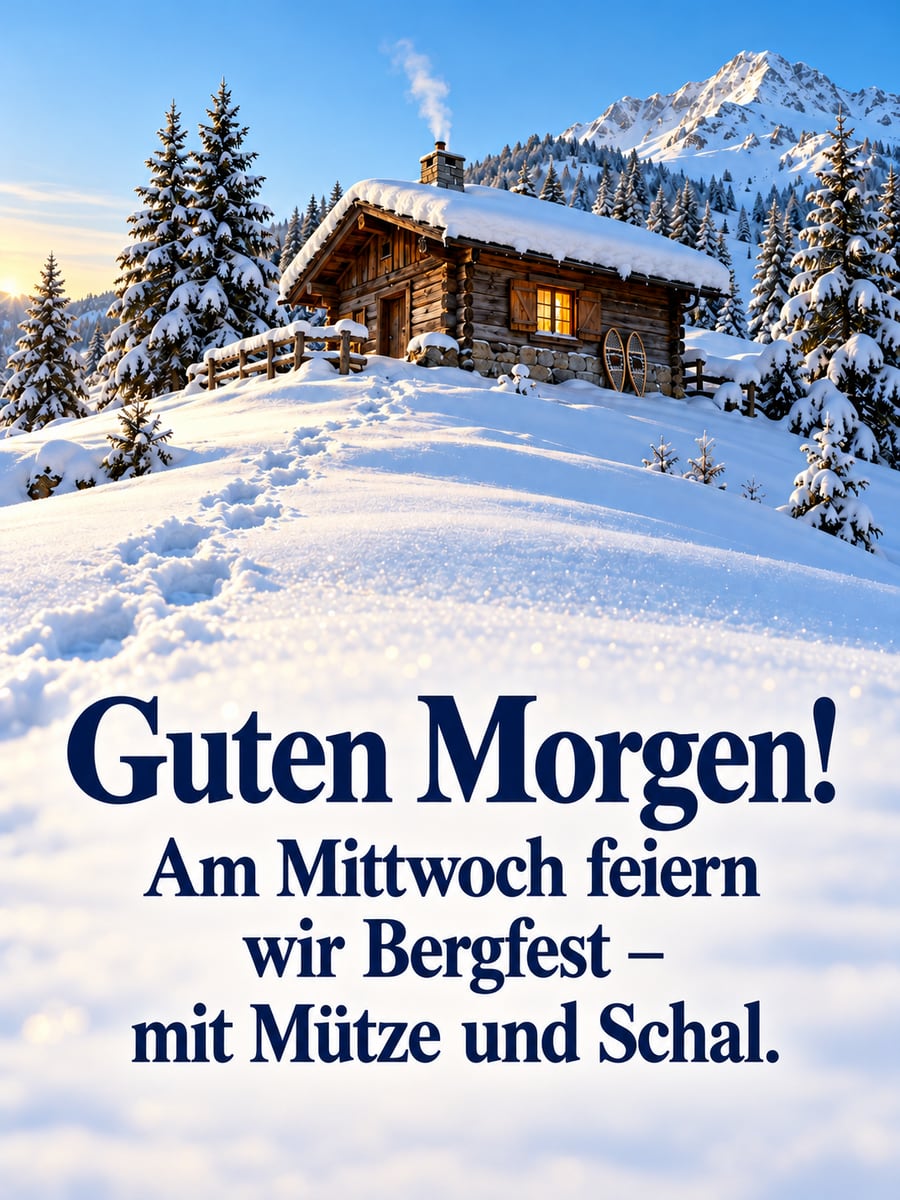 Guten-Morgen-Bild zum Mittwoch mit dem Text „Guten Morgen!“ und „Am Mittwoch feiern wir Bergfest – mit Mütze und Schal.“ – Motiv: Schneeschuh, Berghütte, Schnee, Bergfest