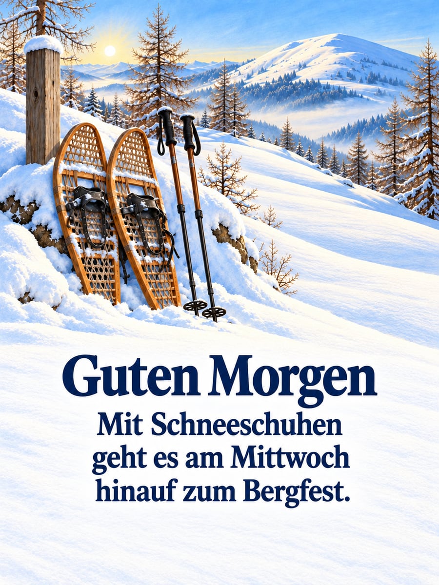 Guten-Morgen-Bild zum Mittwoch mit dem Text „Guten Morgen“ und „Mit Schneeschuhen geht es am Mittwoch hinauf zum Bergfest.“ – Motiv: Schneeschuhe, Wanderstöcke, Schneeberg, Winterpfad