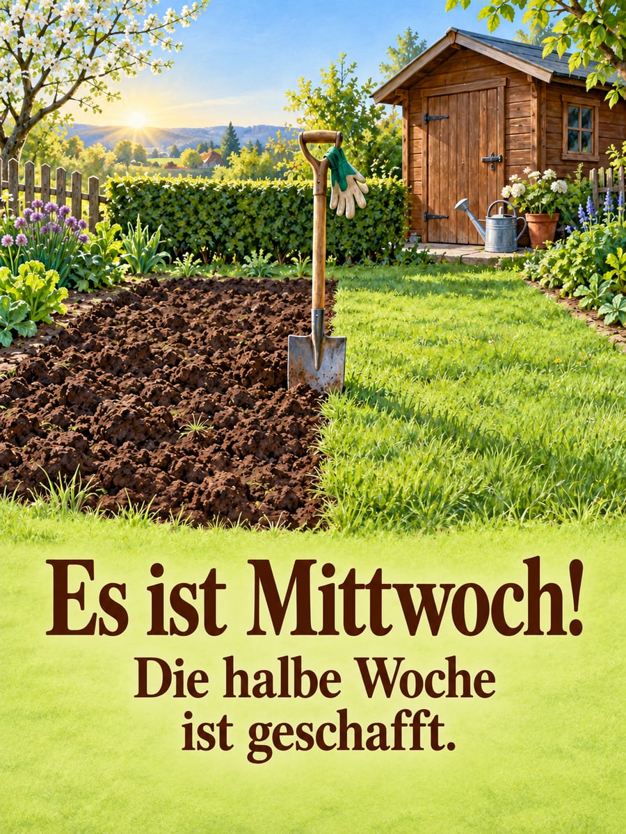 Guten-Morgen-Bild zum Mittwoch mit dem Text „Es ist Mittwoch!“ und „Die halbe Woche ist geschafft.“ – Motiv: Schrebergarten, Spaten, Gemüsegarten, Halbzeit