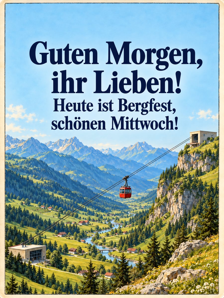Guten-Morgen-Bild zum Mittwoch mit dem Text „Guten Morgen, ihr Lieben!“ und „Heute ist Bergfest, schönen Mittwoch!“ – Motiv: Seilbahn, Alpental, Bergfest, Postkarte
