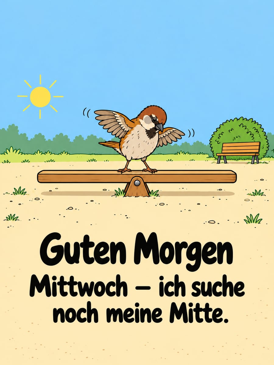 Guten-Morgen-Bild zum Mittwoch mit dem Text „Guten Morgen“ und „Mittwoch – ich suche noch meine Mitte.“ – Motiv: Spatz, Wippe, Gleichgewicht, Park