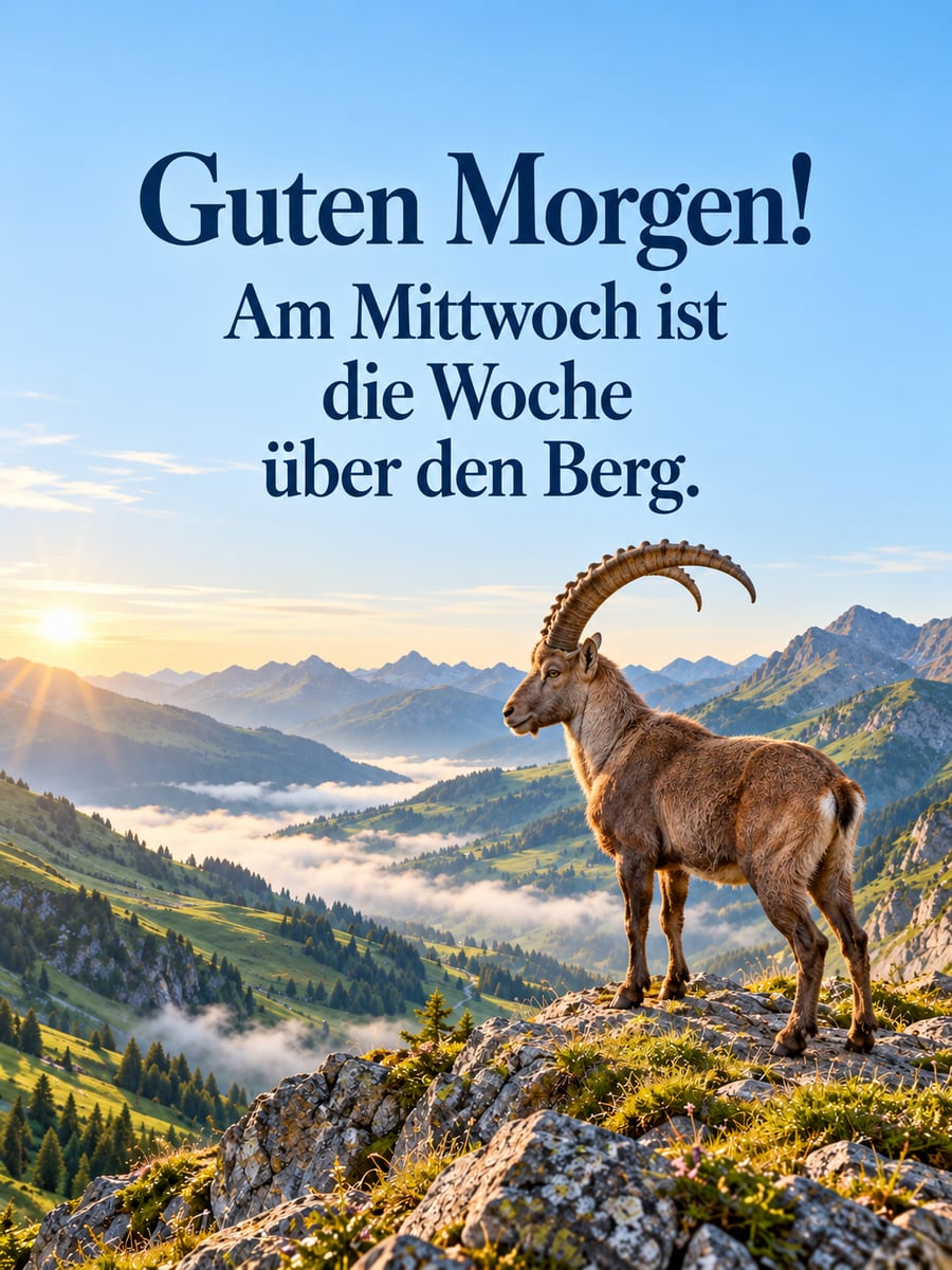 Guten-Morgen-Bild zum Mittwoch mit dem Text „Guten Morgen!“ und „Am Mittwoch ist die Woche über den Berg.“ – Motiv: Steinbock, Berggrat, Morgennebel, Bergfest