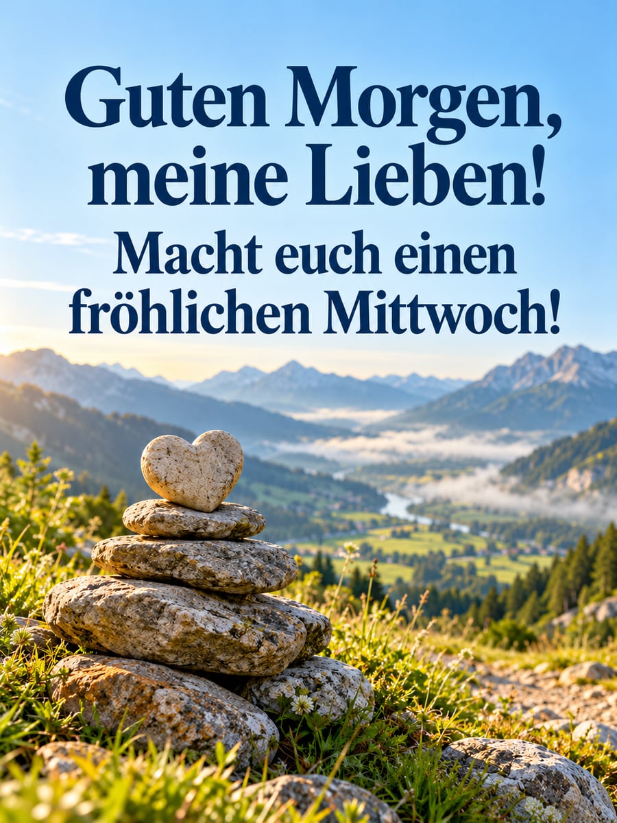 Guten-Morgen-Bild zum Mittwoch mit dem Text „Guten Morgen, meine Lieben!“ und „Macht euch einen fröhlichen Mittwoch!“ – Motiv: Steinmännchen, Herzstein, Wanderweg, Bergfest