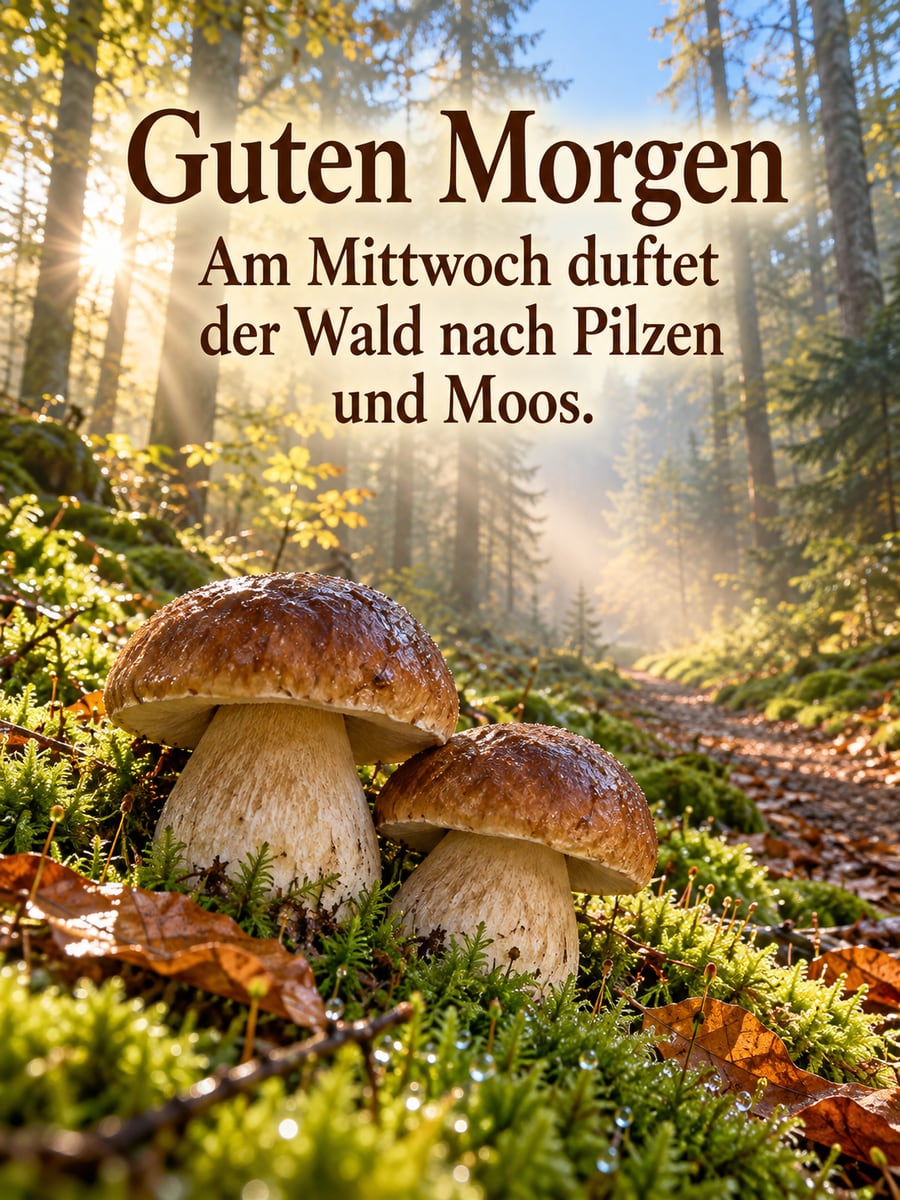 Guten-Morgen-Bild zum Mittwoch mit dem Text „Guten Morgen“ und „Am Mittwoch duftet der Wald nach Pilzen und Moos.“ – Motiv: Steinpilze, Moos, Waldweg, Sonnenstrahlen