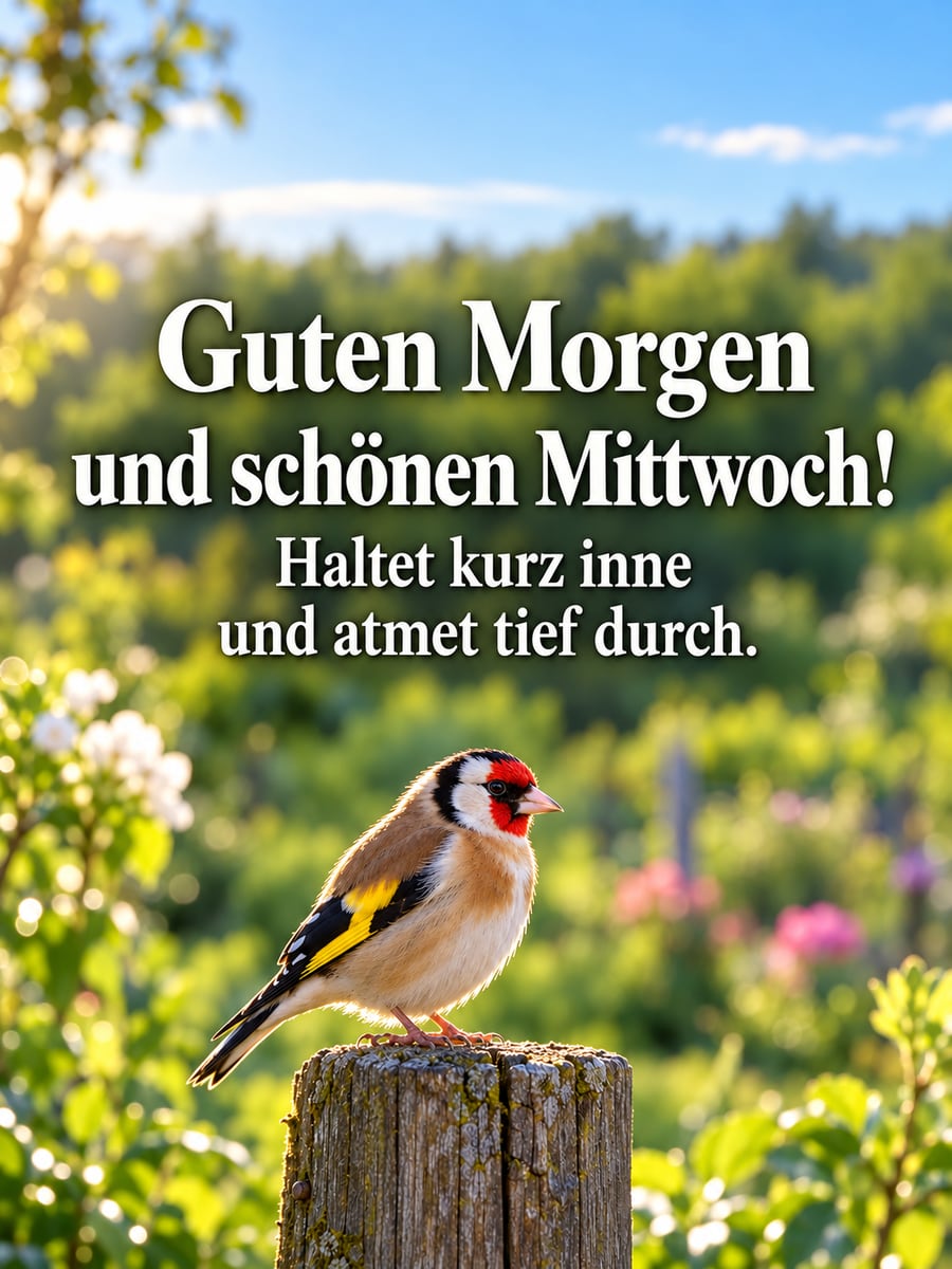 Guten-Morgen-Bild zum Mittwoch mit dem Text „Guten Morgen und schönen Mittwoch!“ und „Haltet kurz inne und atmet tief durch.“ – Motiv: Stieglitz, Gartenpfosten, Garten, Morgenlicht