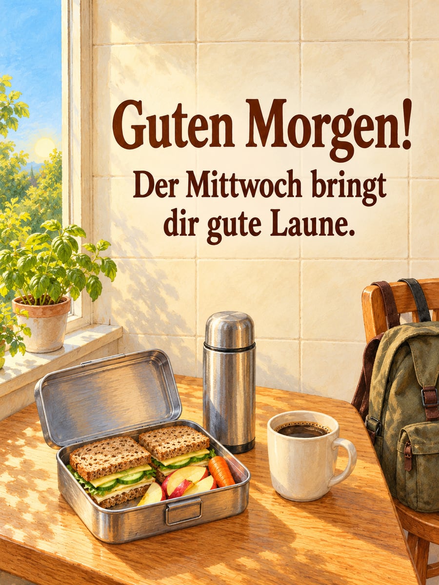 Guten-Morgen-Bild zum Mittwoch mit dem Text „Guten Morgen!“ und „Der Mittwoch bringt dir gute Laune.“ – Motiv: Brotdose, Stulle, Thermosflasche, Kaffee
