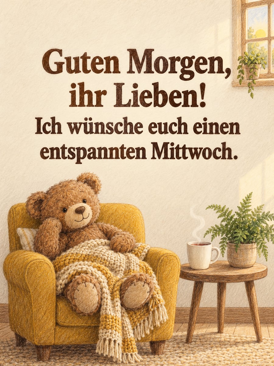 Guten-Morgen-Bild zum Mittwoch mit dem Text „Guten Morgen, ihr Lieben!“ und „Ich wünsche euch einen entspannten Mittwoch.“ – Motiv: Teddybär, Sessel, Tee, Leseecke