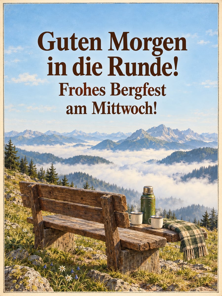 Guten-Morgen-Bild zum Mittwoch mit dem Text „Guten Morgen in die Runde!“ und „Frohes Bergfest am Mittwoch!“ – Motiv: Thermoskanne, Gipfel, Bank, Nebelmeer, Bergfest