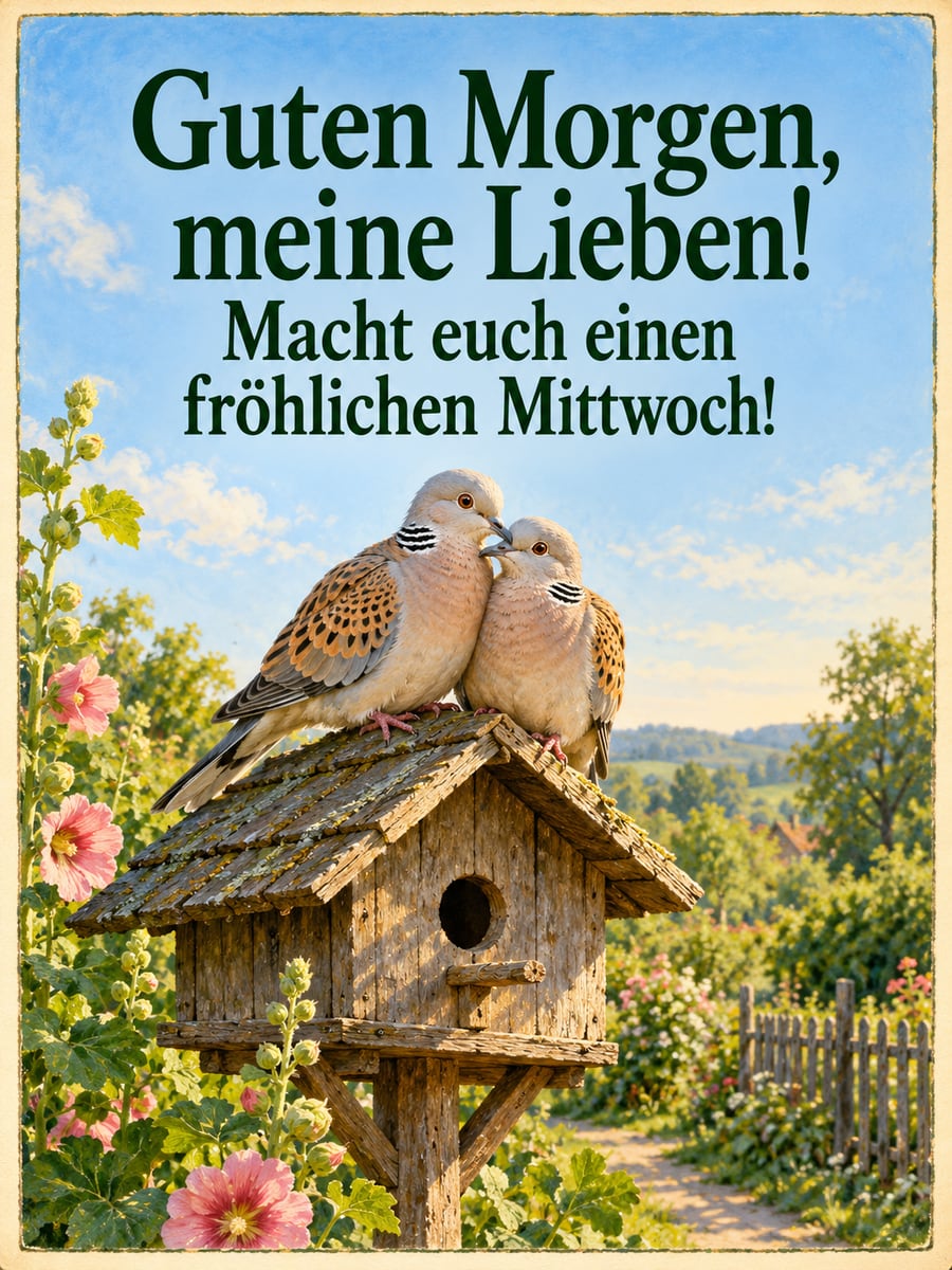 Guten-Morgen-Bild zum Mittwoch mit dem Text „Guten Morgen, meine Lieben!“ und „Macht euch einen fröhlichen Mittwoch!“ – Motiv: Turteltauben, Taubenschlag, Bauerngarten, Liebe