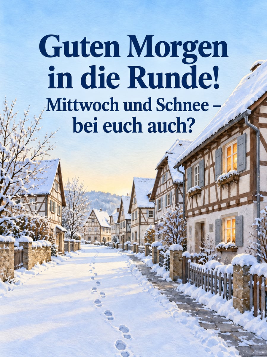 Guten-Morgen-Bild zum Mittwoch mit dem Text „Guten Morgen in die Runde!“ und „Mittwoch und Schnee – bei euch auch?“ – Motiv: Altstadt, Fachwerkhäuser, Schnee, Fußspuren