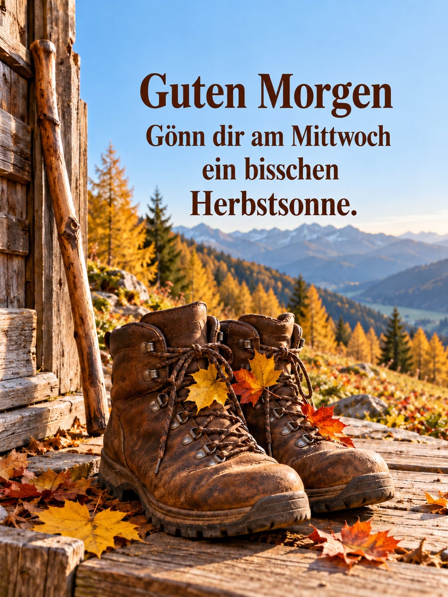 Guten-Morgen-Bild zum Mittwoch mit dem Text „Guten Morgen“ und „Gönn dir am Mittwoch ein bisschen Herbstsonne.“ – Motiv: Wanderschuhe, Berghütte, Herbstlaub, Herbstsonne