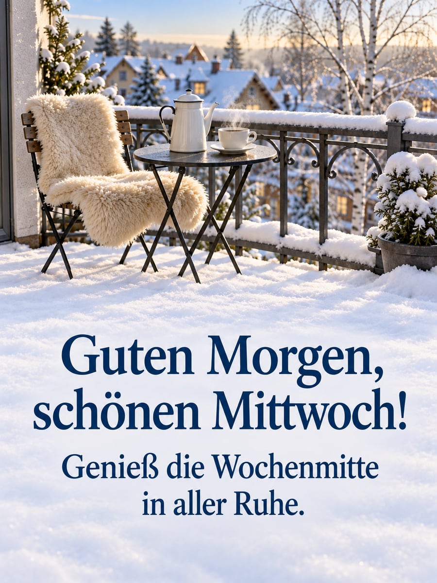 Guten-Morgen-Bild zum Mittwoch mit dem Text „Guten Morgen, schönen Mittwoch!“ und „Genieß die Wochenmitte in aller Ruhe.“ – Motiv: Kaffeekanne, Balkon, Schnee, Schaffell