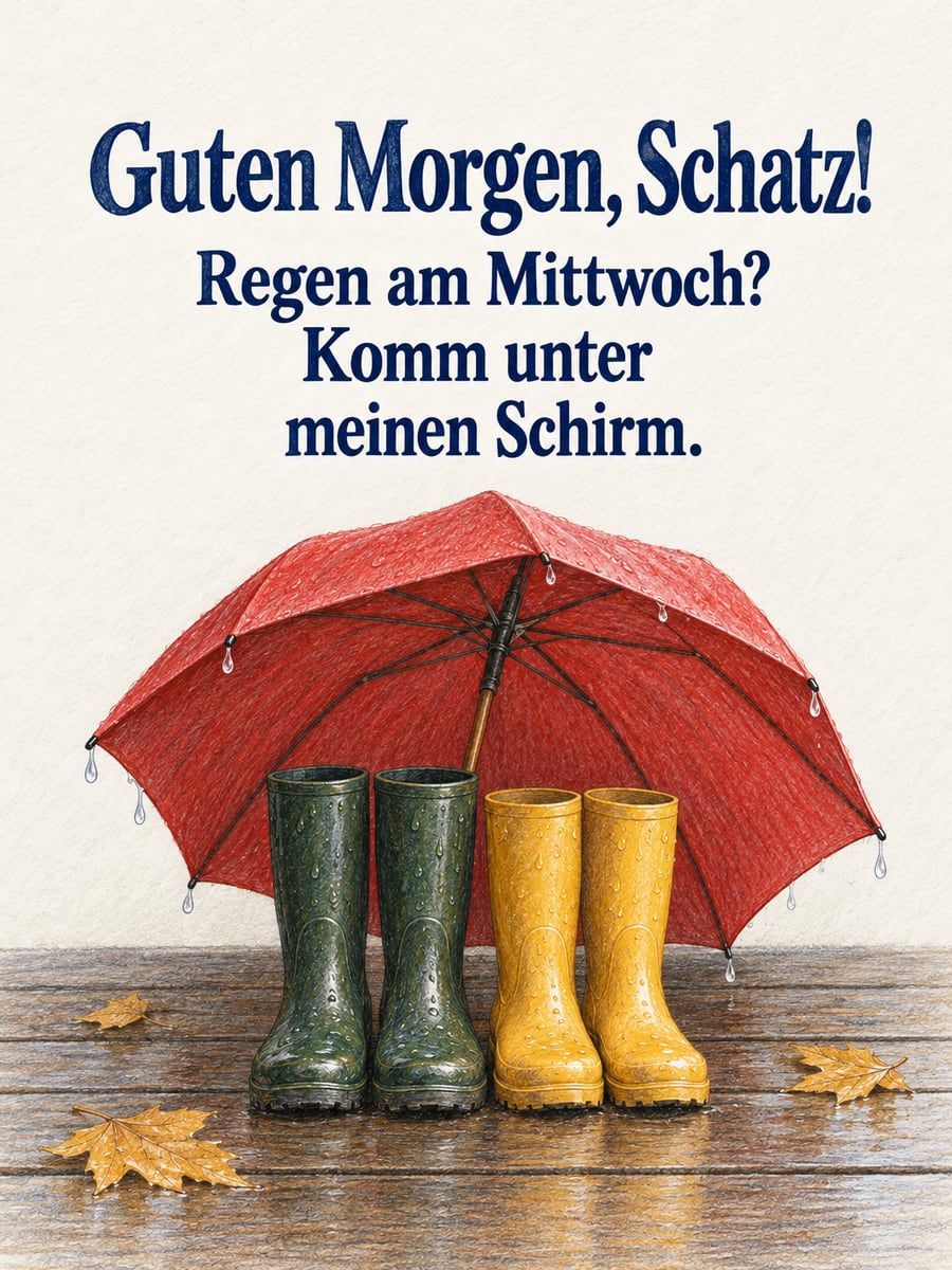 Guten-Morgen-Bild zum Mittwoch mit dem Text „Guten Morgen, Schatz!“ und „Regen am Mittwoch? Komm unter meinen Schirm.“ – Motiv: Gummistiefel, Regenschirm, Haustür, Regen