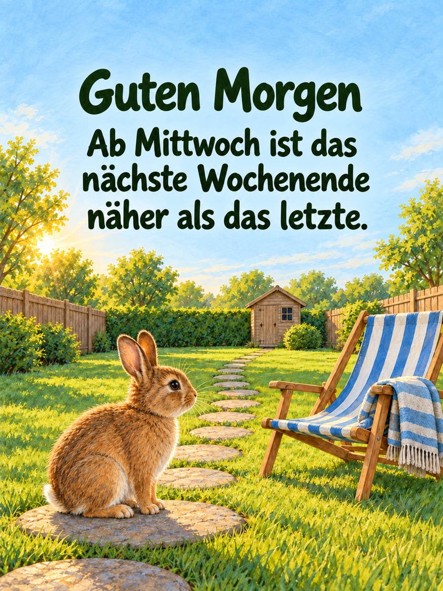 Guten-Morgen-Bild zum Mittwoch mit dem Text „Guten Morgen“ und „Ab Mittwoch ist das nächste Wochenende näher als das letzte.“ – Motiv: Zwergkaninchen, Trittsteine, Liegestuhl, Garten
