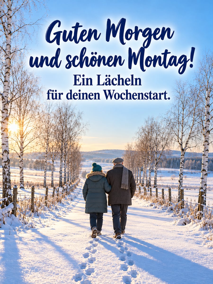 Guten-Morgen-Bild zum Montag mit dem Text „Guten Morgen und schönen Montag!“ und „Ein Lächeln für deinen Wochenstart.“ – Motiv: Paar, Winterspaziergang, Fußspuren, Birken
