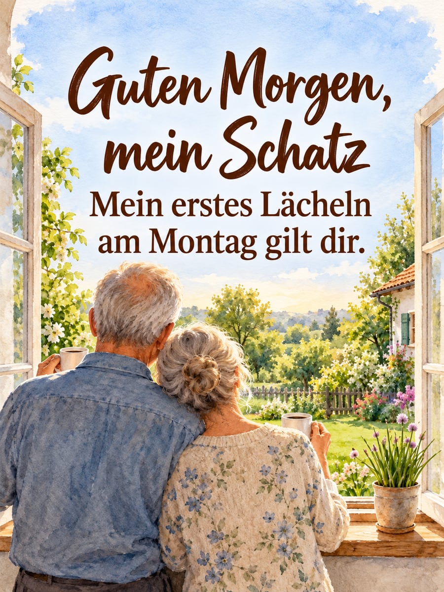 Guten-Morgen-Bild zum Montag mit dem Text „Guten Morgen, mein Schatz“ und „Mein erstes Lächeln am Montag gilt dir.“ – Motiv: Ehepaar, Küchenfenster, Kaffee, Garten