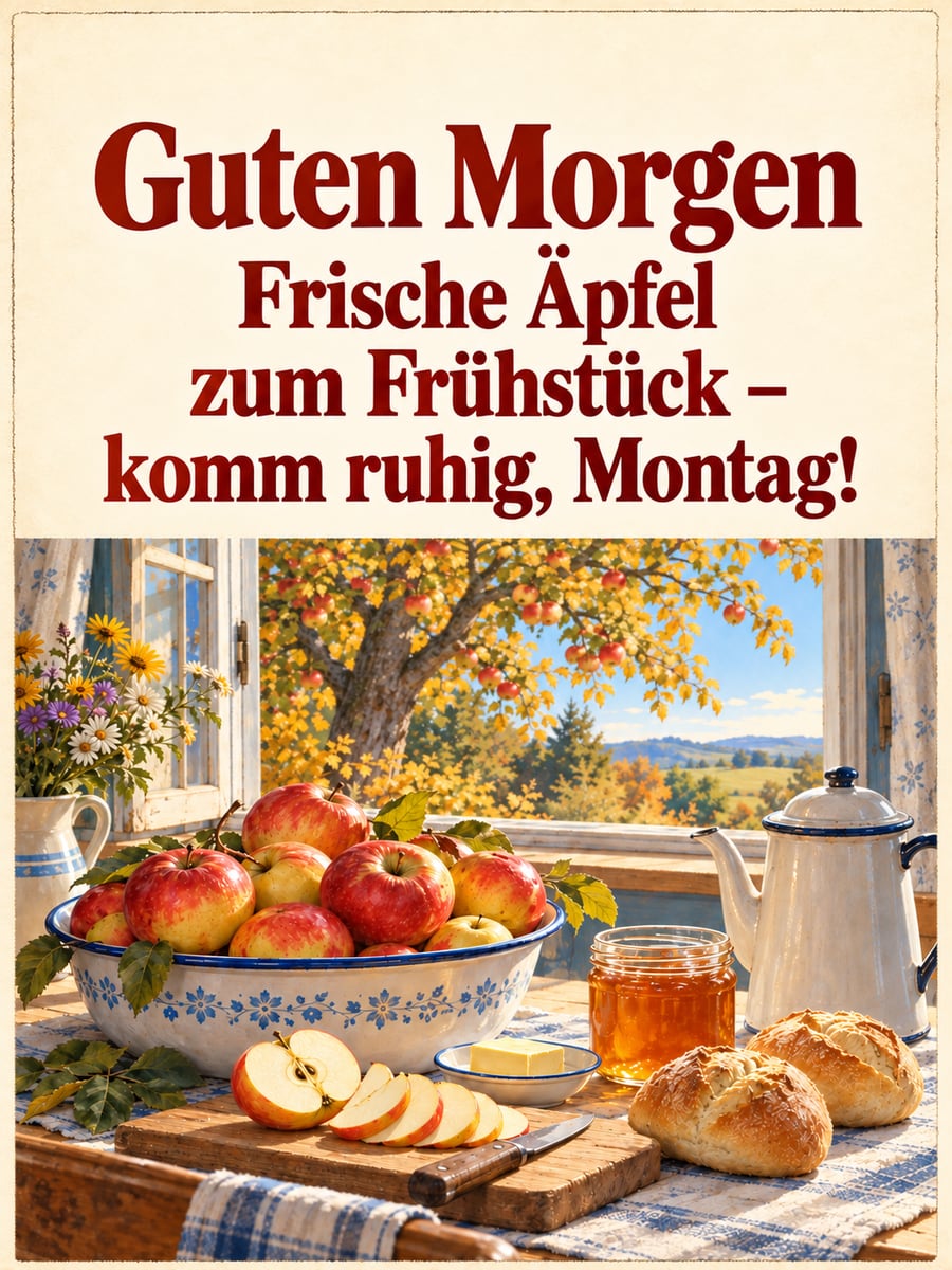 Guten-Morgen-Bild zum Montag mit dem Text „Guten Morgen“ und „Frische Äpfel zum Frühstück – komm ruhig, Montag!“ – Motiv: Äpfel, Frühstück, Emaille-Schüssel, Küchenfenster