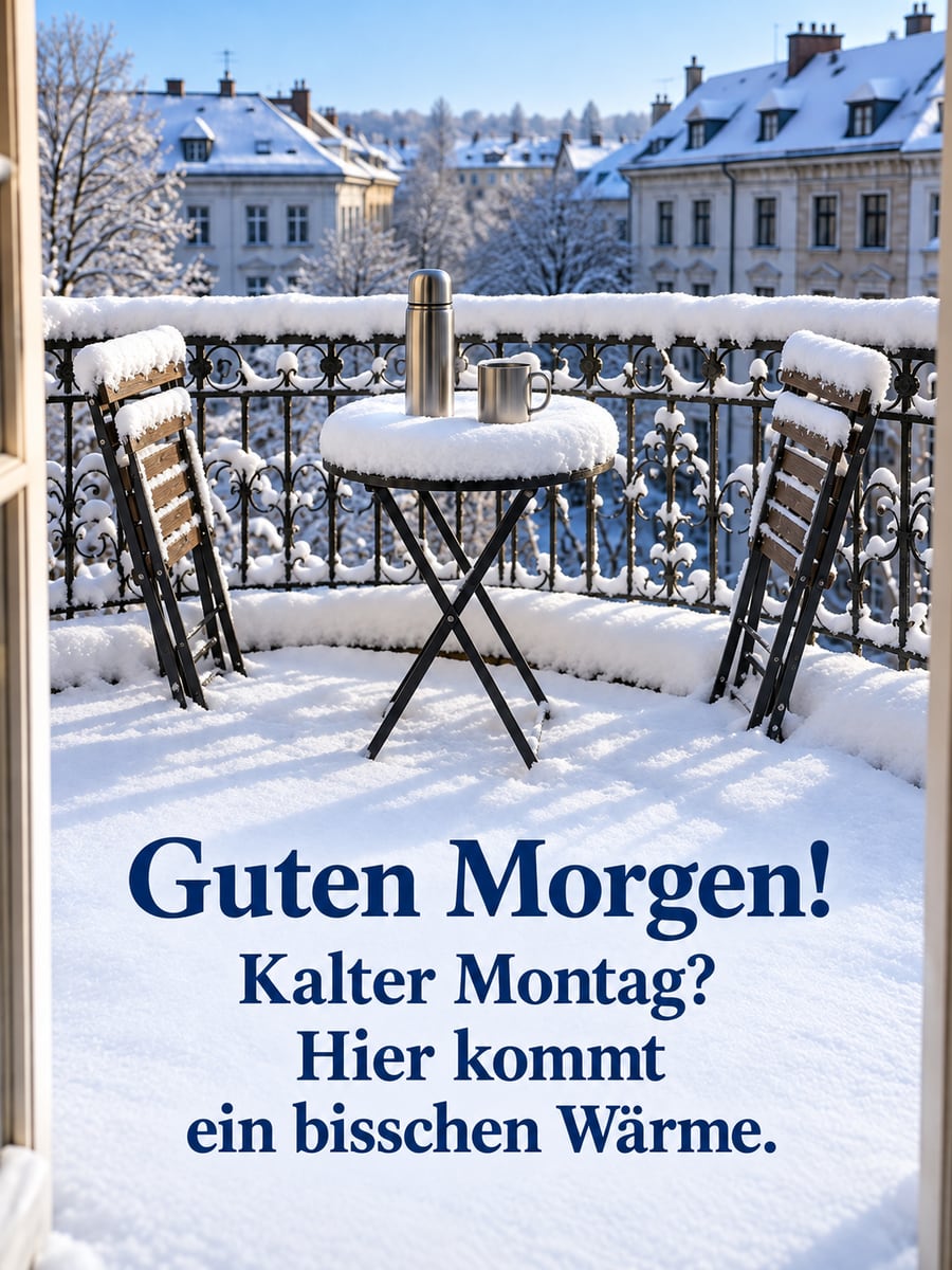 Guten-Morgen-Bild zum Montag mit dem Text „Guten Morgen!“ und „Kalter Montag? Hier kommt ein bisschen Wärme.“ – Motiv: Balkon, Schnee, Thermoskanne, Dächer