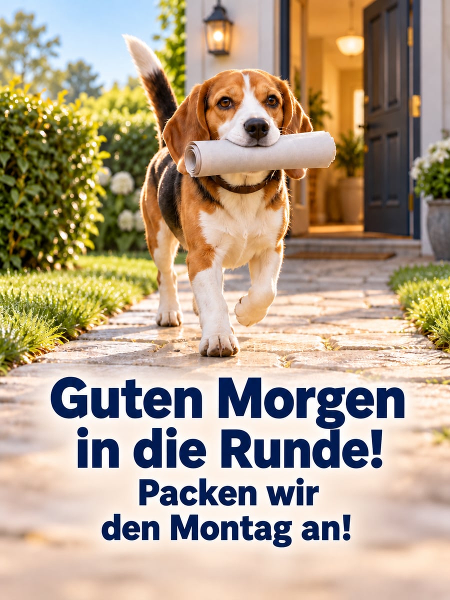 Guten-Morgen-Bild zum Montag mit dem Text „Guten Morgen in die Runde!“ und „Packen wir den Montag an!“ – Motiv: Beagle, Zeitung, Gartenweg, Haustür