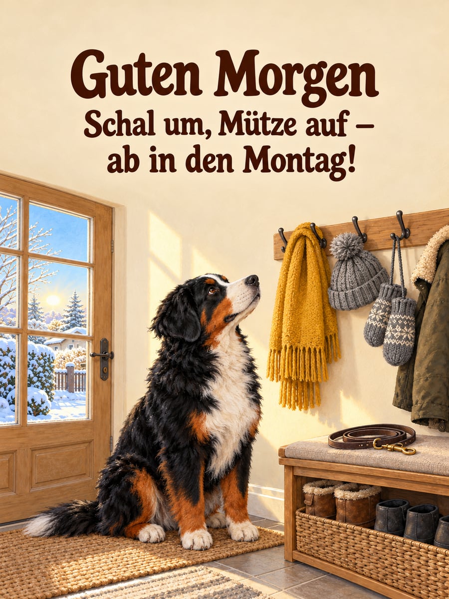 Guten-Morgen-Bild zum Montag mit dem Text „Guten Morgen“ und „Schal um, Mütze auf – ab in den Montag!“ – Motiv: Berner Sennenhund, Schal, Mütze, Garderobe, Winter
