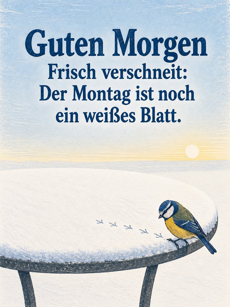 Guten-Morgen-Bild zum Montag mit dem Text „Guten Morgen“ und „Frisch verschneit: Der Montag ist noch ein weißes Blatt.“ – Motiv: Blaumeise, Neuschnee, Gartentisch, Spuren