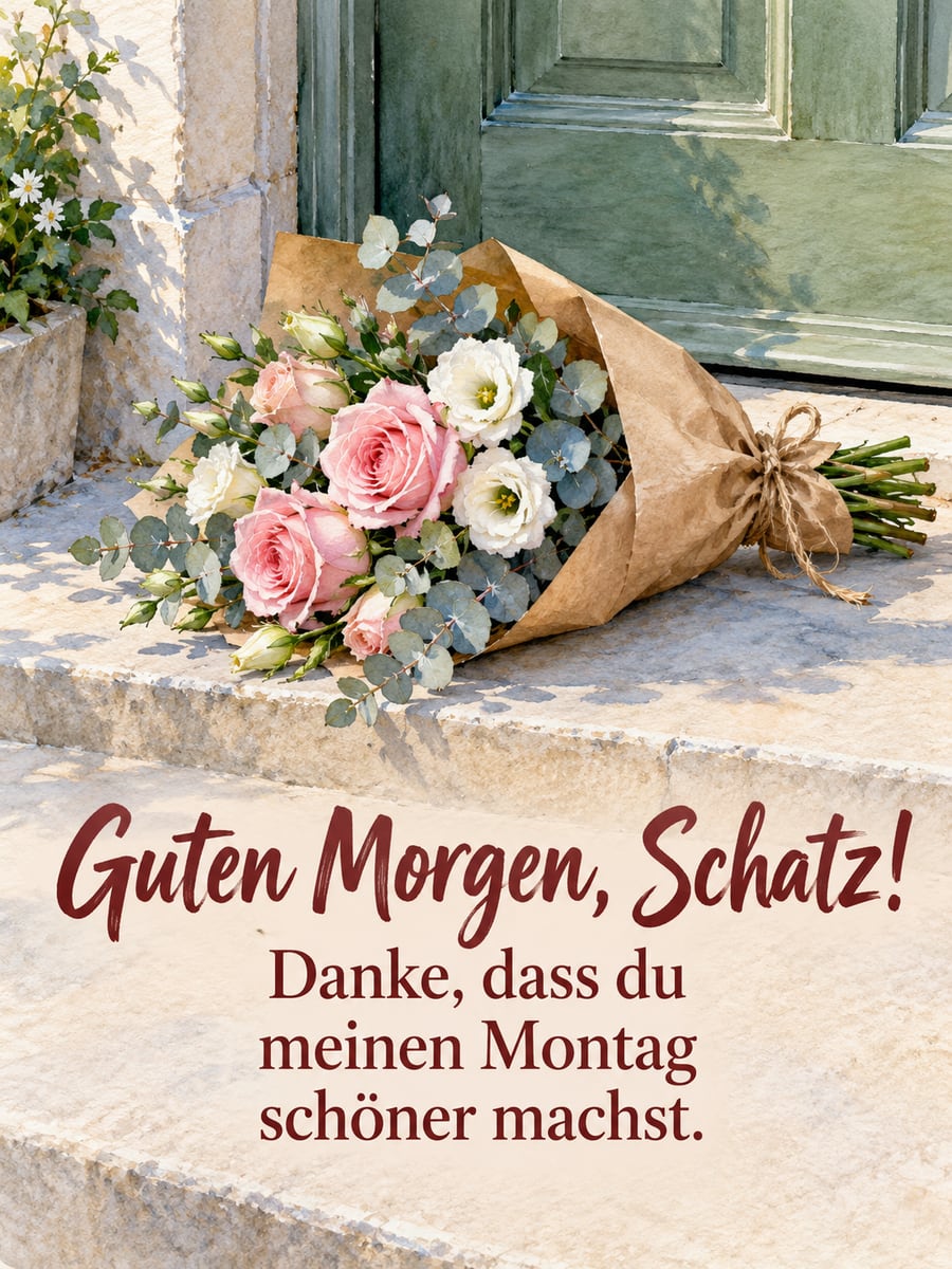 Guten-Morgen-Bild zum Montag mit dem Text „Guten Morgen, Schatz!“ und „Danke, dass du meinen Montag schöner machst.“ – Motiv: Blumenstrauß, Rosen, Eukalyptus, Türschwelle