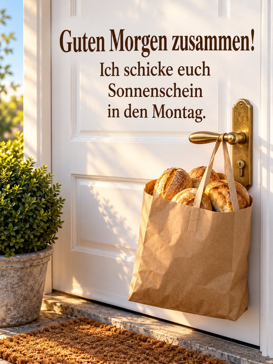 Guten-Morgen-Bild zum Montag mit dem Text „Guten Morgen zusammen!“ und „Ich schicke euch Sonnenschein in den Montag.“ – Motiv: Brötchentüte, Türklinke, Haustür, Brötchen