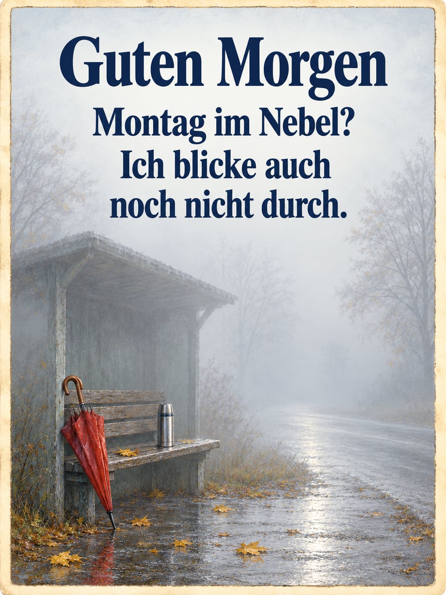 Guten-Morgen-Bild zum Montag mit dem Text „Guten Morgen“ und „Montag im Nebel? Ich blicke auch noch nicht durch.“ – Motiv: Bushaltestelle, Nebel, Regenschirm, Thermoskanne
