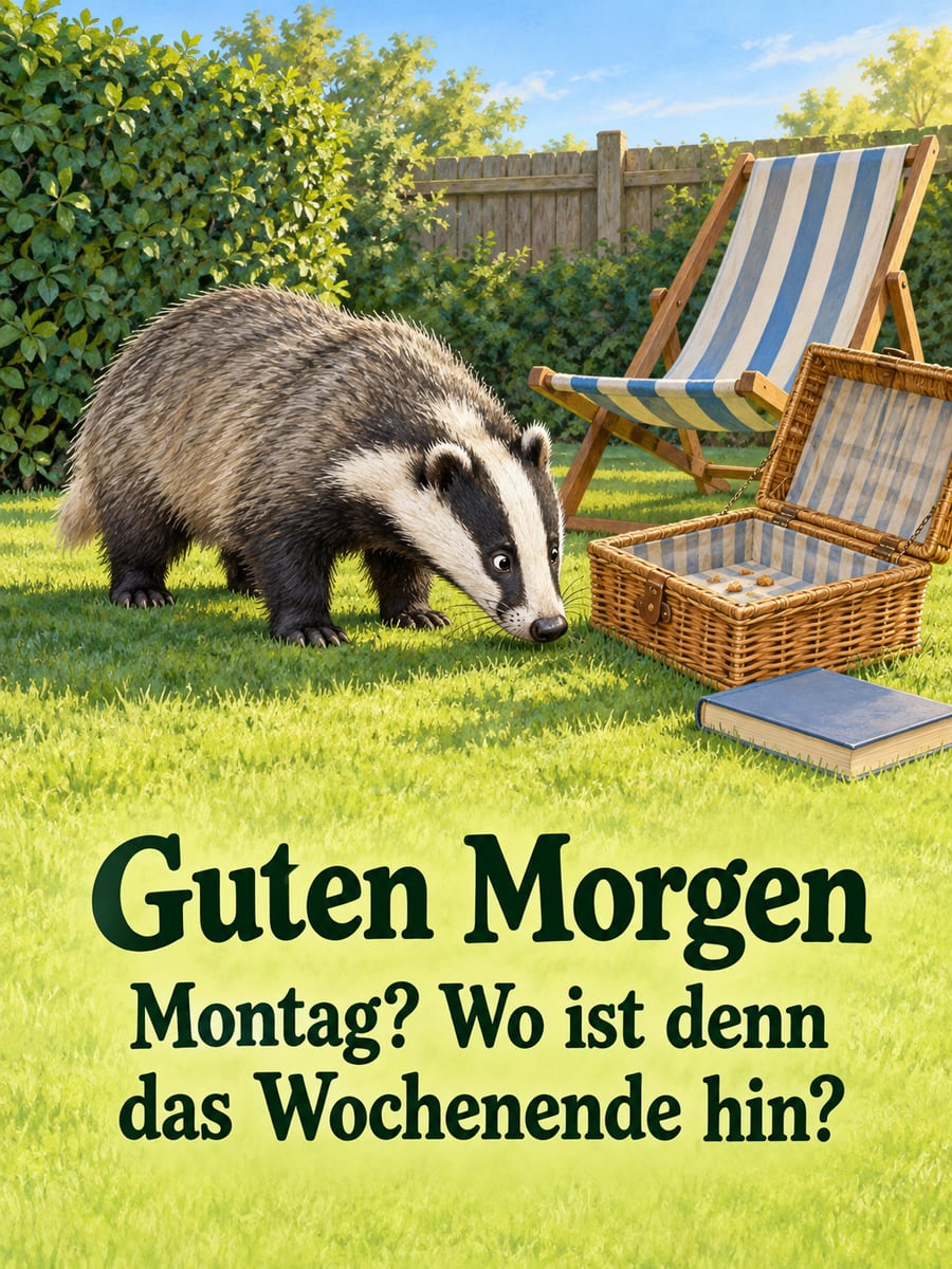 Guten-Morgen-Bild zum Montag mit dem Text „Guten Morgen“ und „Montag? Wo ist denn das Wochenende hin?“ – Motiv: Dachs, Liegestuhl, Wochenende, Garten