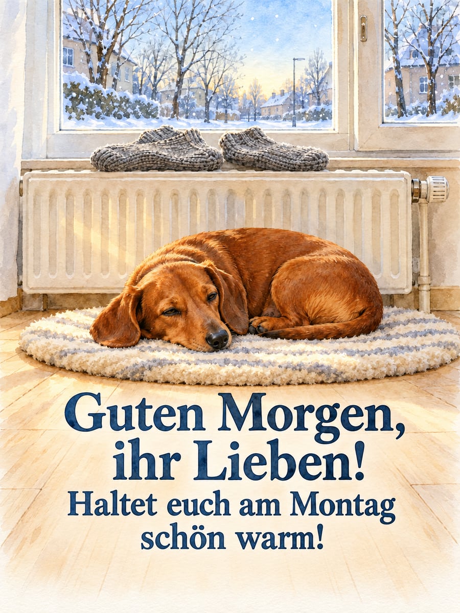 Guten-Morgen-Bild zum Montag mit dem Text „Guten Morgen, ihr Lieben!“ und „Haltet euch am Montag schön warm!“ – Motiv: Dackel, Heizung, Wollsocken, Schneeflocken