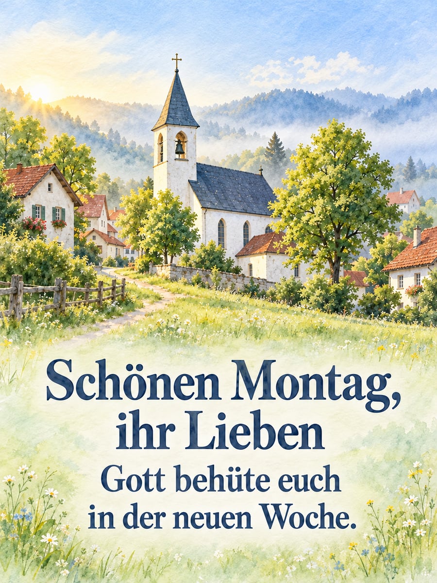 Guten-Morgen-Bild zum Montag mit dem Text „Schönen Montag, ihr Lieben“ und „Gott behüte euch in der neuen Woche.“ – Motiv: Dorfkirche, Glockenturm, Glocke, Linden