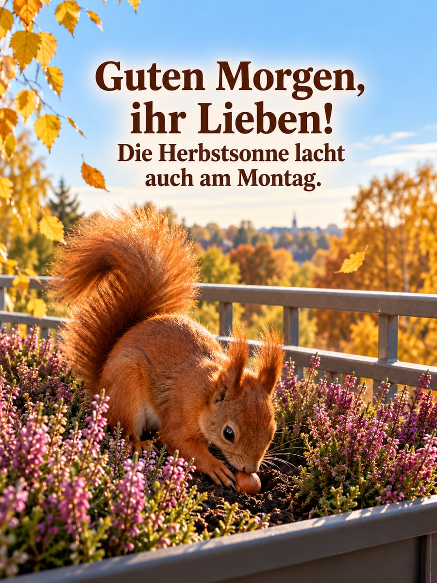 Guten-Morgen-Bild zum Montag mit dem Text „Guten Morgen, ihr Lieben!“ und „Die Herbstsonne lacht auch am Montag.“ – Motiv: Eichhörnchen, Haselnuss, Heidekraut, Herbstsonne