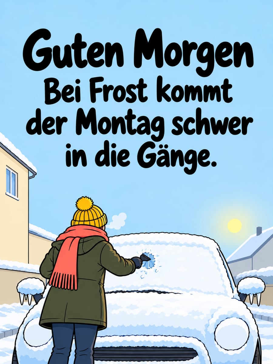 Guten-Morgen-Bild zum Montag mit dem Text „Guten Morgen“ und „Bei Frost kommt der Montag schwer in die Gänge.“ – Motiv: Eiskratzer, Auto, Frost, Bommelmütze
