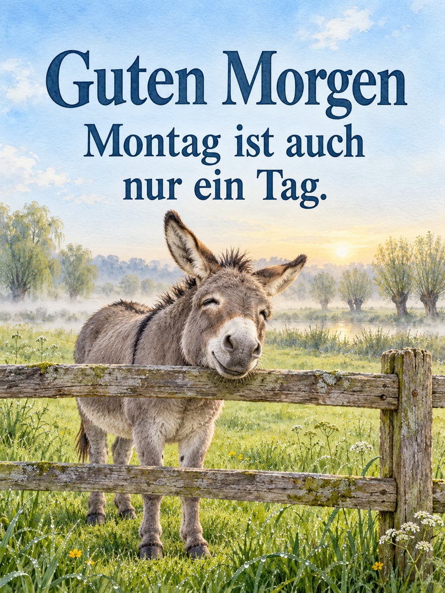 Guten-Morgen-Bild zum Montag mit dem Text „Guten Morgen“ und „Montag ist auch nur ein Tag.“ – Motiv: Esel, Koppelzaun, Morgennebel, Kopfweiden