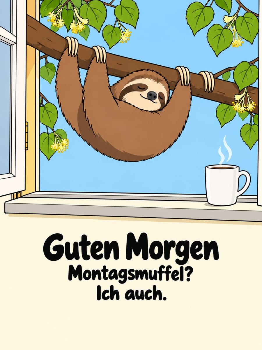 Guten-Morgen-Bild zum Montag mit dem Text „Guten Morgen“ und „Montagsmuffel? Ich auch.“ – Motiv: Faultier, Linde, Kaffeebecher, Montagsmüdigkeit